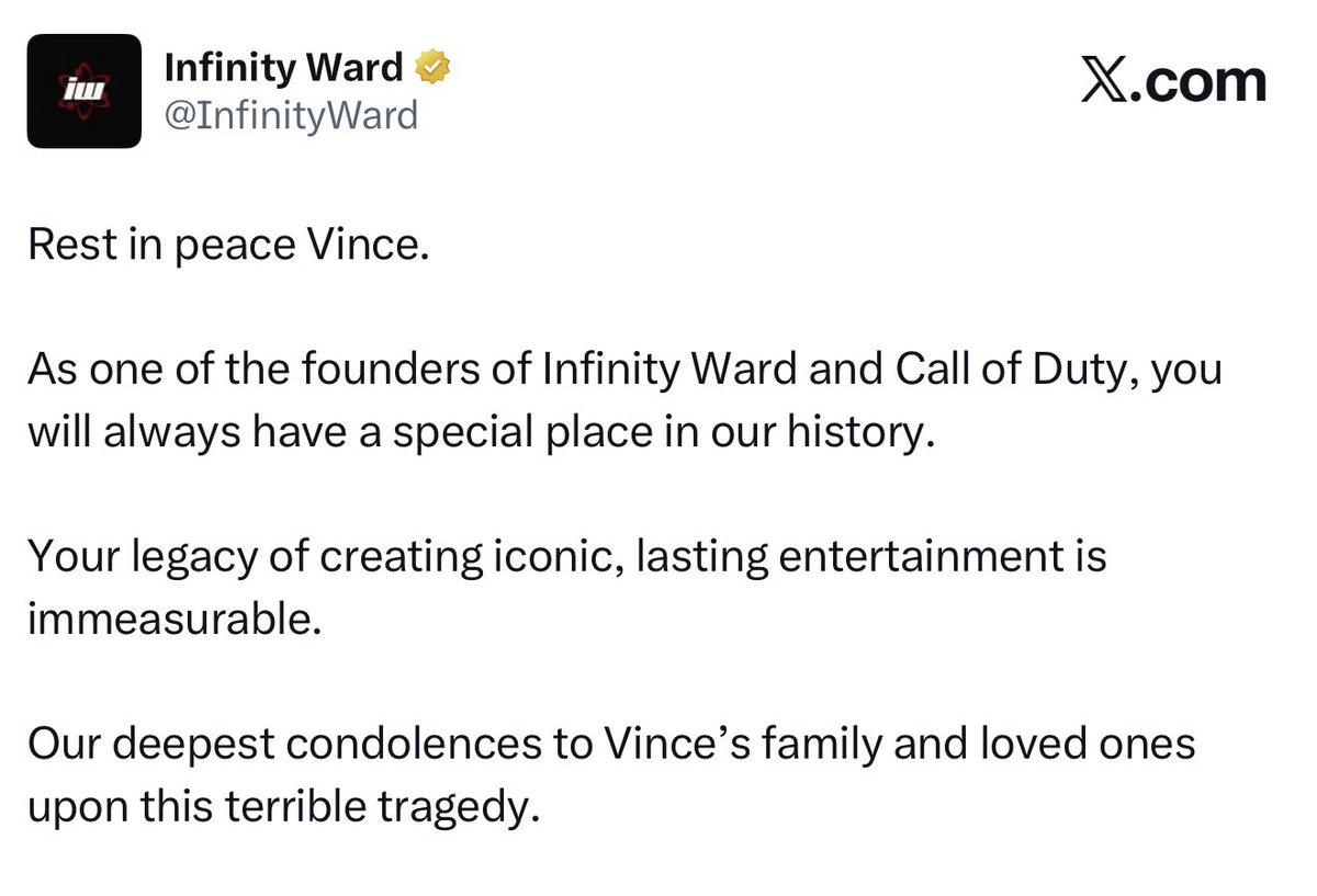charlieINTEL's tweet image. Statement from Infinity Ward on Vince Zampella:

“Our deepest condolences to Vince’s family and loved ones upon this terrible tragedy.”