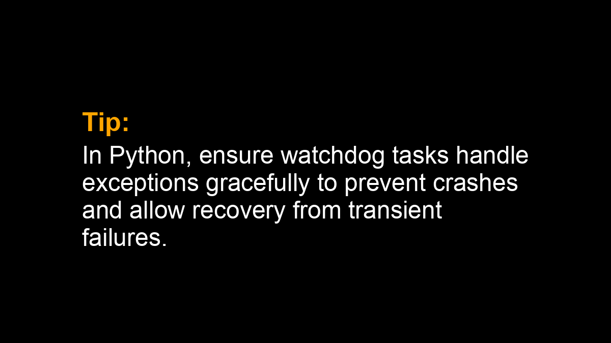 SuperFastPython's tweet image. Tip: In Python, ensure watchdog tasks handle exceptions gracefully to prevent crashes and allow recovery from transient failures.
#Python #Concurrency
