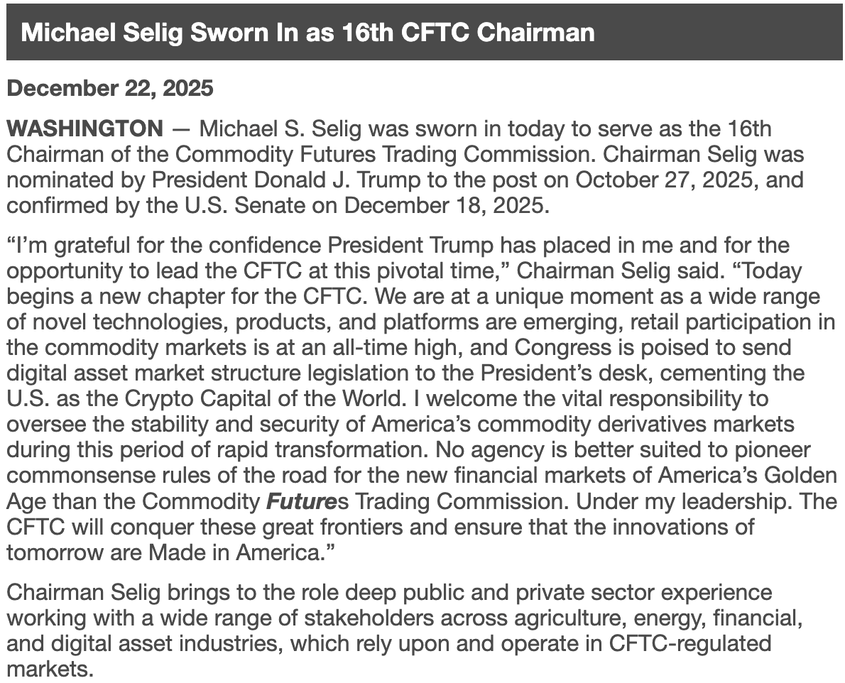 BREAKING: Pro-Bitcoin and crypto Michael Selig officially sworn in as CFTC Chairman 🇺🇸