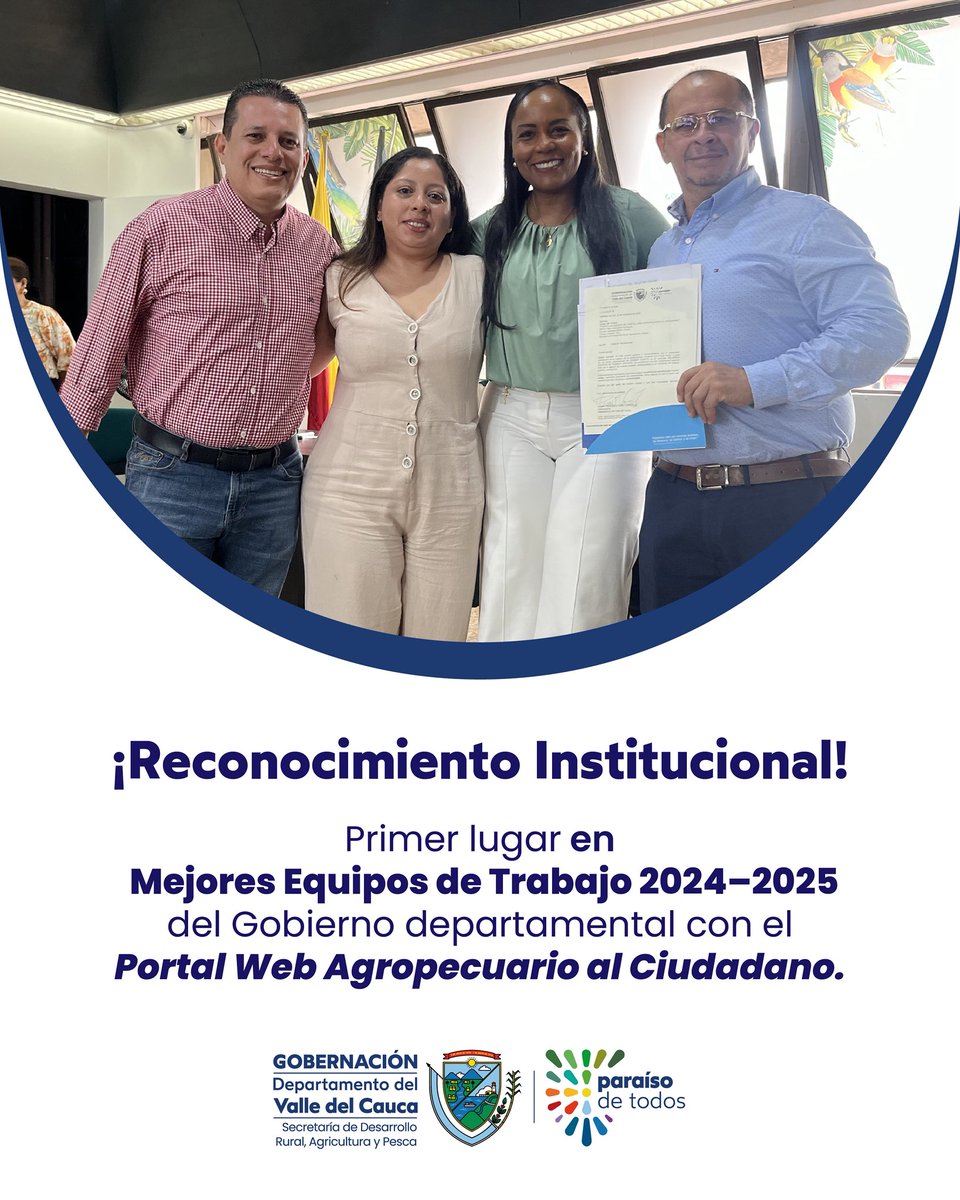 Alcanzamos el primer lugar en el concurso Mejores Equipos de Trabajo 2024–2025 de la <a href="/GobValle/">Gobernación Valle del Cauca</a> gracias a la puesta en marcha del Portal Web Agropecuario al Ciudadano.

Este reconocimiento exalta además la innovación y el compromiso con el sector agropecuario.

<a href="/angelareyes1208/">Angela Reyes</a>