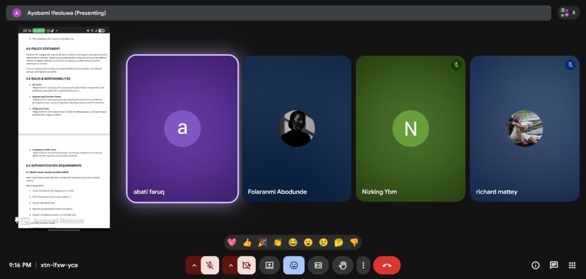 I project review on our Password &amp; Authentication Policy for a fictional fintech with my co-analyst <a href="/Abati_jr/">Abati JR</a>

The review process was the real eye-opener fr.
Honestly, I learnt more during the review than while writing it.

Prioritizing collaboration &amp; feedback now 🤭

<a href="/ireteeh/">Dr Iretioluwa Akerele</a>