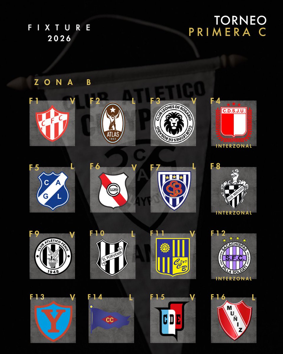 💪🏻 ¡Habemus fixture!

⚔️ Estos serán nuestros rivales en el Torneo de la Primera C 2026, que dará inicio el fin de semana del 21 de febrero.

*️⃣ Los interzonales aún no tienen una localia determinada.

🤍🖤 ¡Vamos nosotros!