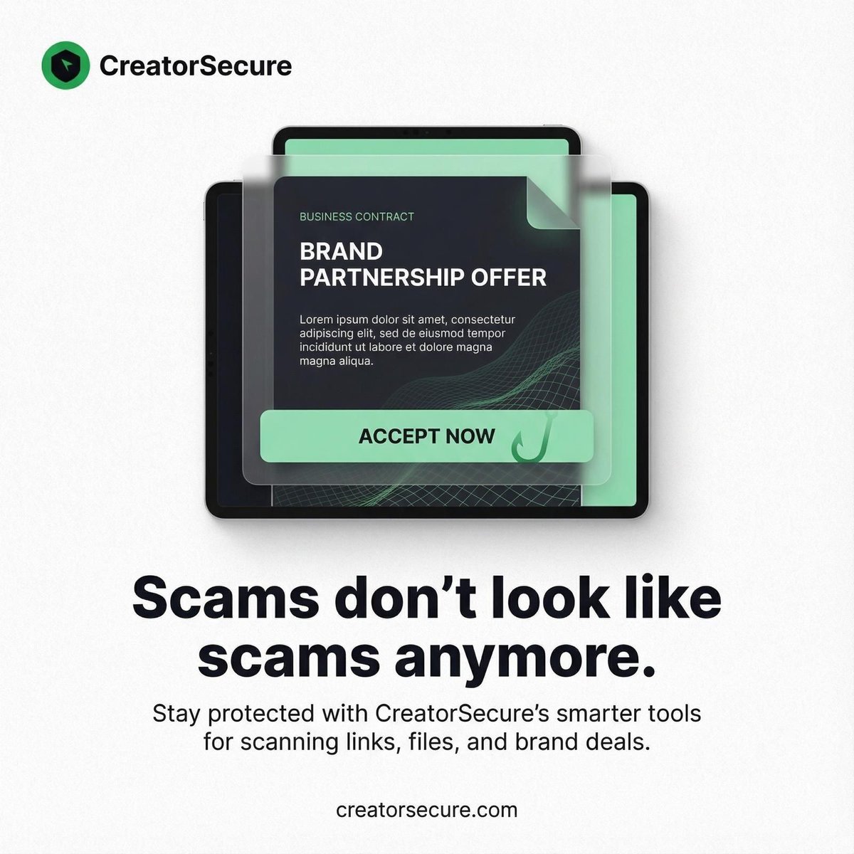 CreatorSecureHQ's tweet photo. With scammers also having access to AI, their phishing no longer contains spelling mistakes, and poor grammar: scams don’t really look like scams anymore. But AI didn’t change how their attacks actually work. Always scan brand deals before you open them. https://t.co/lXDak1QgnO