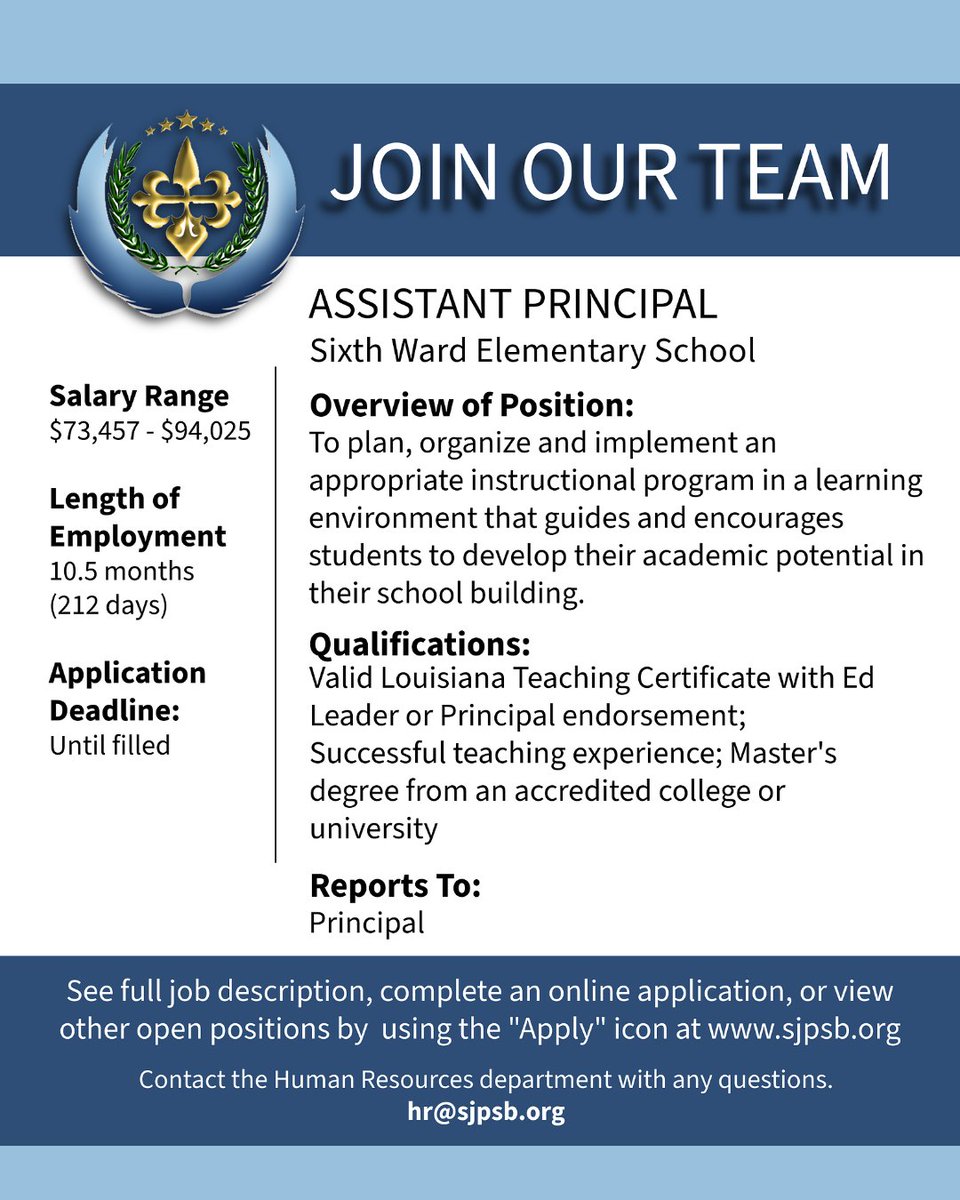 JOIN OUR TEAM! 

We are accepting applications for the following position!

🔵 ASSISTANT PRINCIPAL - Sixth Ward Elementary

To apply, please visit applitrack.com/stjames/online…

#ThePlaceToBe