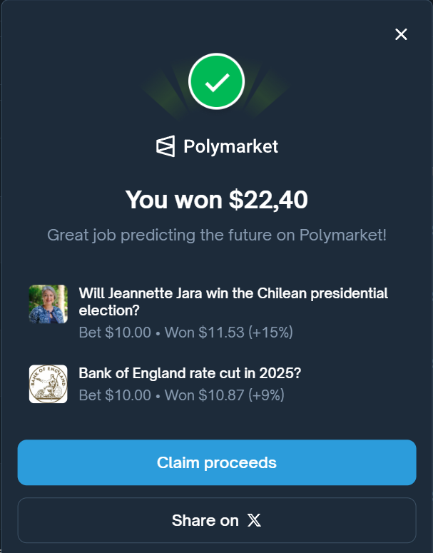 Polymarket_fan's tweet photo. Win of the day on Polymarket:
Actually… 2 wins 😎
Jeannette Jara ✅
BoE rate cut in 2025 ✅

Double hit, clean execution, profits stacking.
Days like this make Polymarket too fun 📈💚 https://t.co/7BBpxefKtn