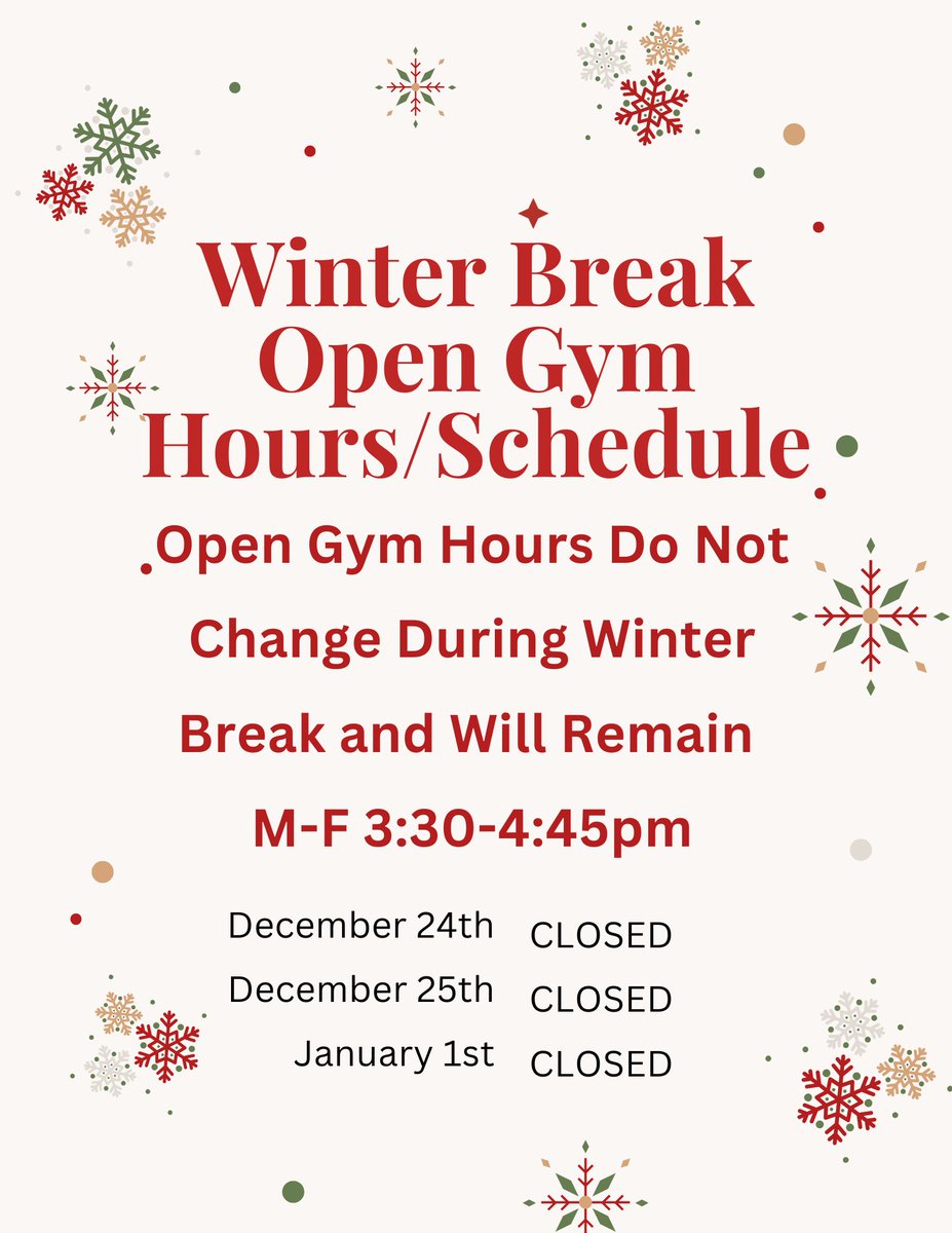 Just a Reminder that our Open Gym hours will remain the same during winter break! ❄️