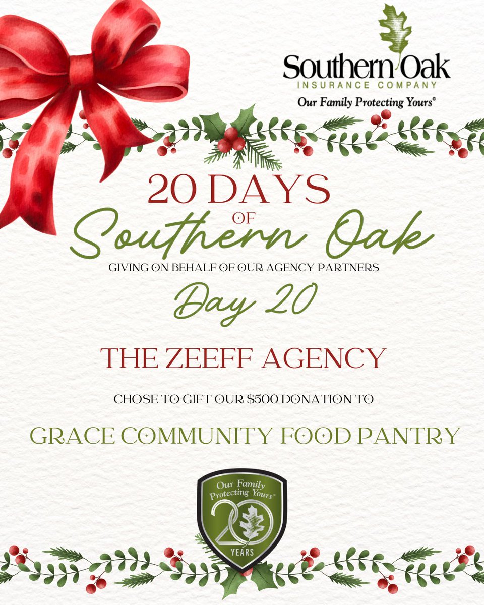 SouthernOakIns's tweet photo. It's our final day of the 20 Days of Southern Oak!
We’re proud to make our last $500 donation to Grace Community Food Pantry on behalf of The Zeeff Agency.
Thank you for helping us end our 20-year celebration by supporting neighbors in need and strengthening our community. 💚 https://t.co/0mC9GnXRF0