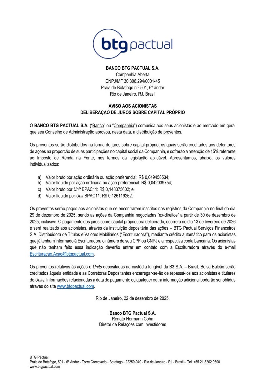 AvisosDaBolsa's tweet image. BCO BTG PACTUAL S.A. - Dividendos/Juros sobre Capital Próprio #BPCA3 #BPAC5 #BPAC11 #DIVIDENDO #JCP