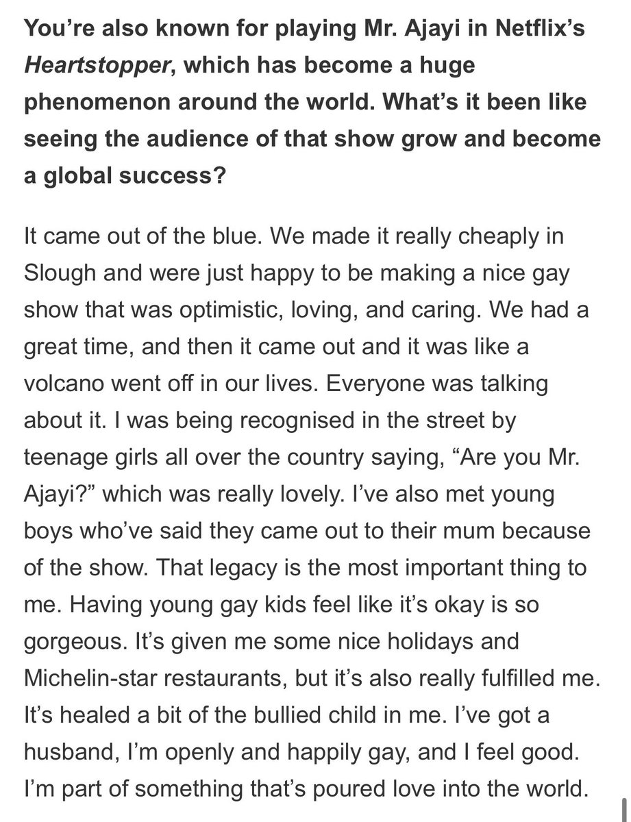 stoppedheart143's tweet image. No one better ever tell me that HEARTSTOPPER isn’t IMPORTANT! 👏🏽🍂
Show Fisayo some love
“I’ve also met young boys who’ve said they came out to their mum because of the show. That legacy is the most important thing to me. Having young gay kids feel like it’s okay is so gorgeous”