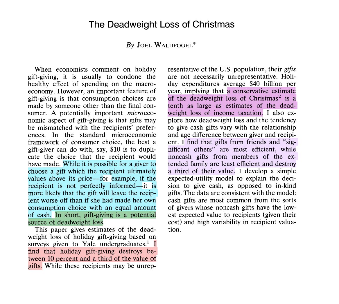 cremieuxrecueil's tweet image. This holiday season, remember what economics teaches us:

Giving gifts is an inefficient act and you should give cash instead!

Merry Christmas!
