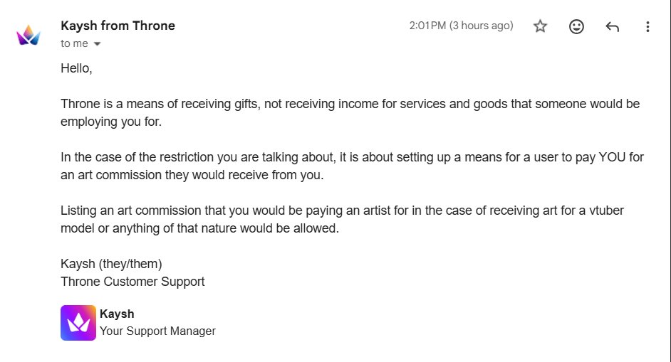 .<a href="/official_throne/">Throne</a>  𝖦𝖮𝖳 𝖡𝖠𝖢𝖪 𝖳𝖮 𝖬𝖤
❌This post is incorrect
✅You CAN put a wish to fund art commissions

You just CANNOT intake commissions through Throne.

So put your wishes for vtuber models and art as you please uwu