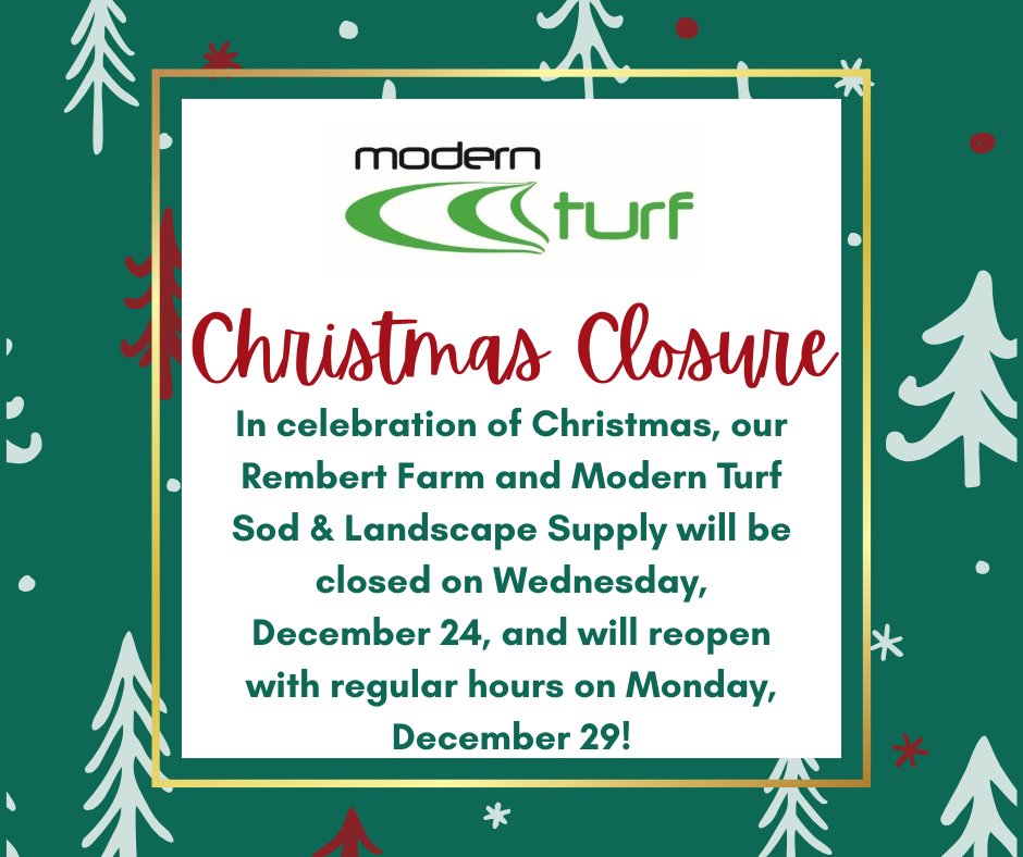 ModernTurfSod's tweet image. 🎄 Holiday break alert: We’re closed Wed 12/24–Sun 12/28 and back to normal hours Mon 12/29.

Merry Christmas and happy holidays—we’re grateful for you!