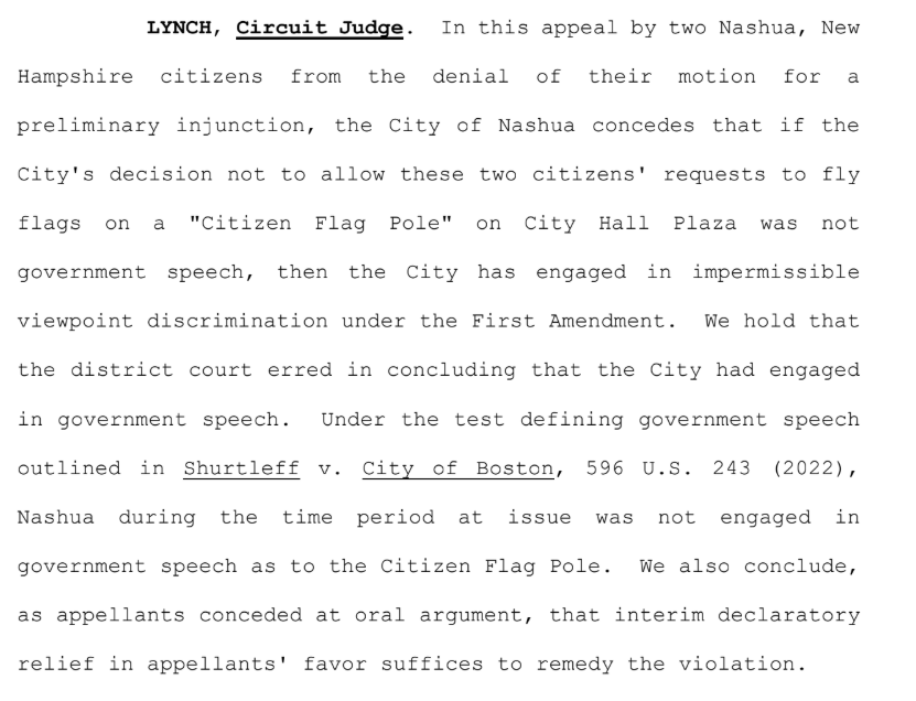 Sidewalk_Steve's tweet image. The First Circuit Court of Appeals has ruled that the City of Nashua violated our 1A rights when it refused to let us raise our flags on the citizen's pole.  Flags included "Save Women's Sports" and "Detrans Awareness." Merry Christmas.