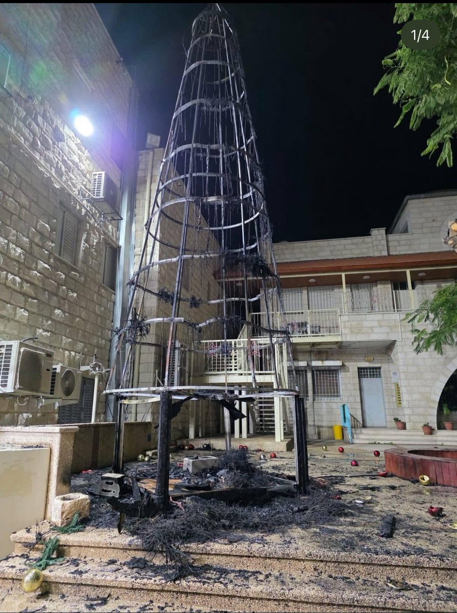 koshercockney's tweet image. Palestinians under the Palestinian Authority burned down a Christmas Tree in Jenin last night