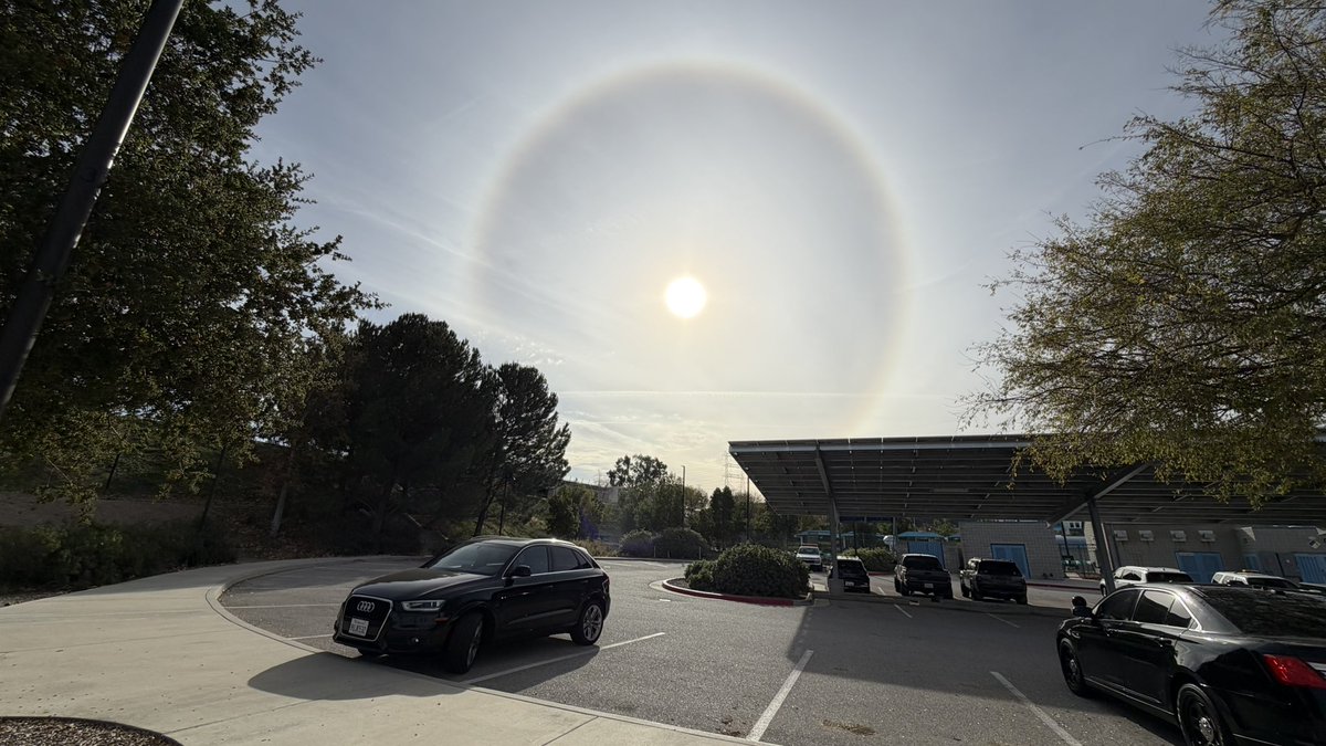 WOW! A sun halo was seen over Santa Clarita today, a sign of this week’s approaching weather system. 

The halos are typically caused by sunlight refracting through hexagonal ice crystals in high-altitude cirrostratus clouds.

The geometry of those ice crystals bends the light at