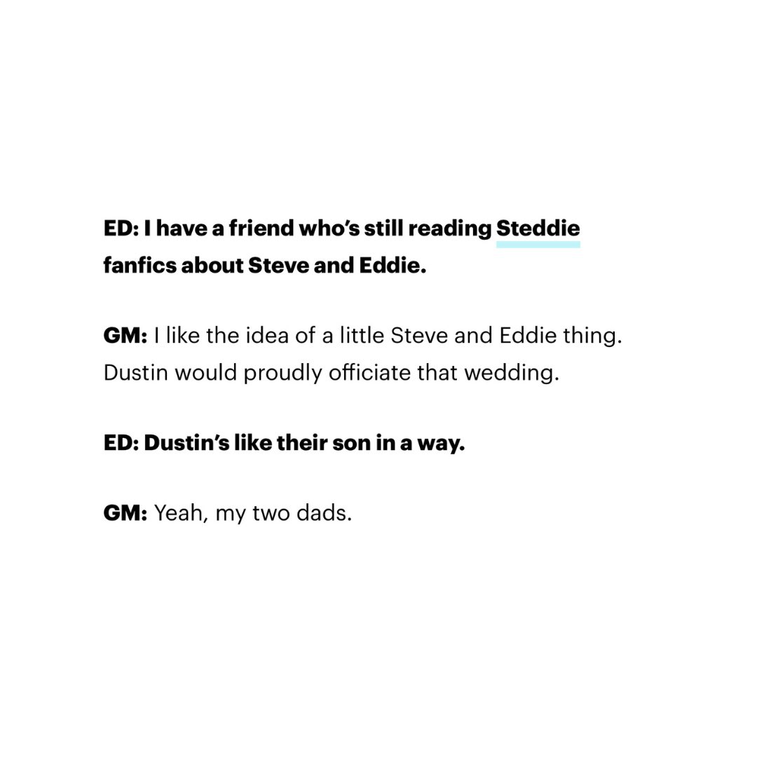 🔴 Gaten Matarazzo about Steddie 

“I like the idea of a little Steve and Eddie thing. Dustin would proudly officiate that wedding.”