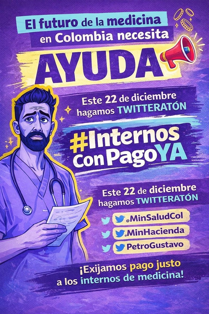 ¿Es justo que quienes están forjando el futuro de la salud se formen con jornadas
interminables, no reciban ninguna ayuda y deban pagar por una educación que les deja
deudas imposibles? ¡Reclamemos justicia ya! #InternosConPagoYa <a href="/petrogustavo/">Gustavo Petro</a> <a href="/MinHacienda/">MinHacienda</a> <a href="/MintrabajoCol/">MinTrabajo</a>