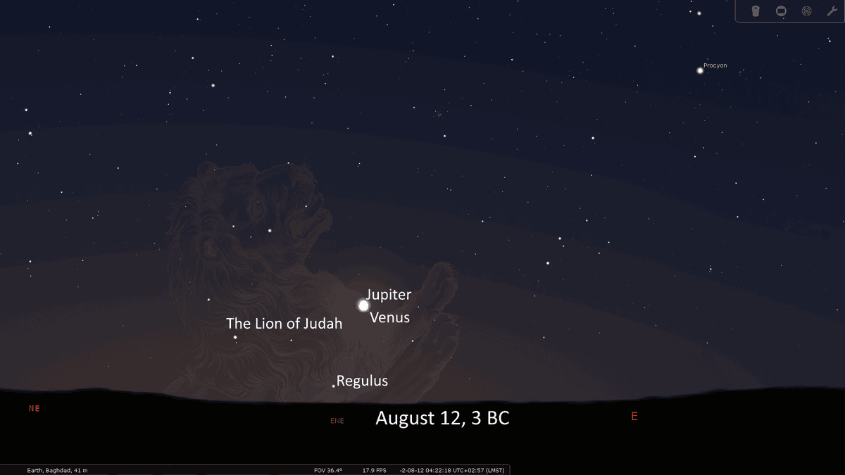 The Nativity Story is insane.

On September 14, 3 BC the planet Jupiter (the "King Planet") aligned with the star Regulus (the "King Star") within the constellation Leo (the "Royal Lion").

Because of retrograde motion, Jupiter performed three celestial "loops" around Regulus. It