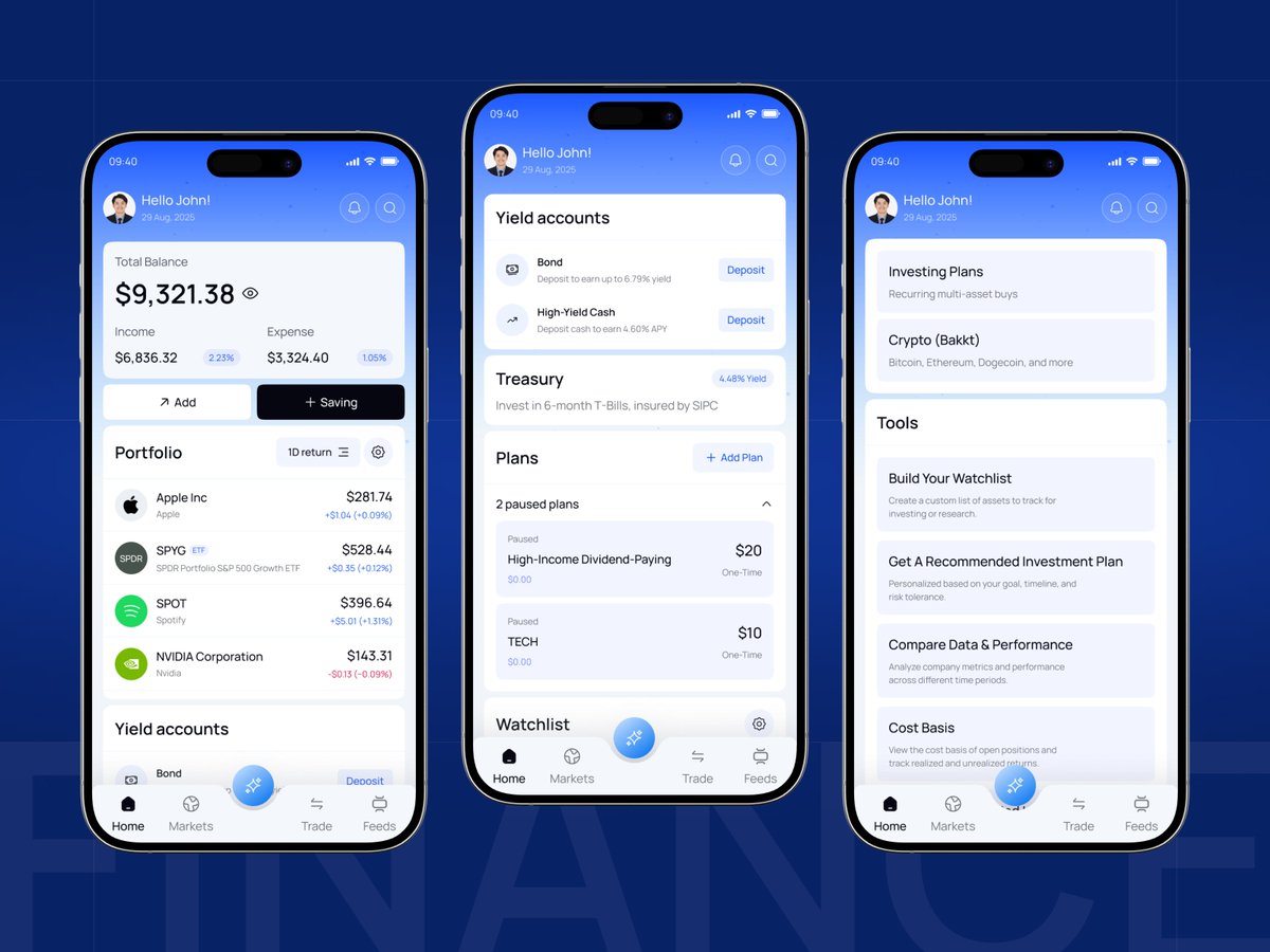 TamimAlArafat's tweet photo. Designing a modern investment app focused on clarity, trust, and ease of use.
From portfolio tracking to yield accounts and smart investing tools, everything is in one place.
Does this feel intuitive to you?
#UIUX #Fintech #MobileAppDesign #InvestmentApp #ProductDesign https://t.co/f62gGfWH8n