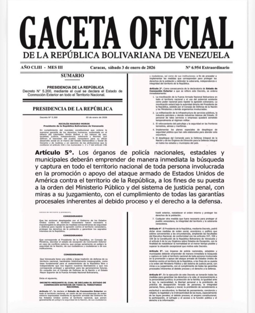 ElCuartoRoj0's tweet photo. #Atención 🚨 La publicación de la Gaceta Oficial del sábado 3 de enero del 2026 “LO DEJA BIEN CLARO” 🇻🇪✊🏽💪🏼

Artículo 5°. Los órganos de policía nacionales, estadales y municipales deberán emprender de manera inmediata la búsqueda y captura en todo el territorio nacional de toda persona involucrada en la promoción o apoyo del ataque armado de Estados Unidos de América contra el territorio de la República, a los fines de su puesta a la orden del Ministerio Público y del sistema de justicia penal, con miras a su juzgamiento, con el cumplimiento de todas las garantías procesales inherentes al debido proceso y el derecho a la defensa.

#ReleaseNicolasNow #LosQueremosDeVuelta #6Ene