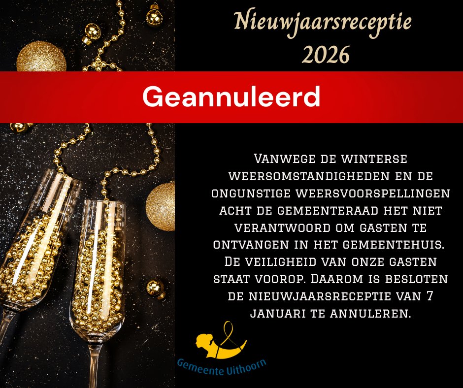 Vanwege sneeuwval en gladheid wordt de nieuwjaarsreceptie van de gemeenteraad van Uithoorn op woensdag 7 januari 2026 geannuleerd.
