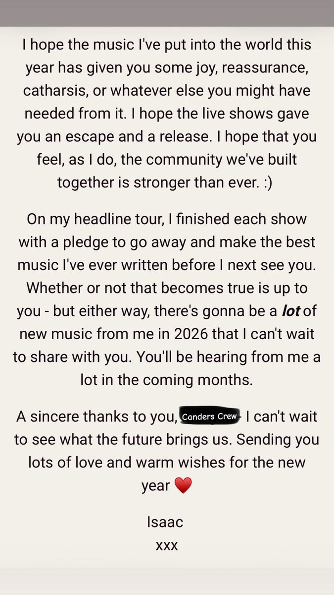 canders_crew's tweet photo. Happy New Year Canders from @isaacandersonuk to all of you and us via Isaacs newsletter (and he reads your emails back❤️) 
We are so ready for 2026 with you! 
#isaacanderson #newyear #canderscrew #newmusic https://t.co/QIYwxeL4Mw
