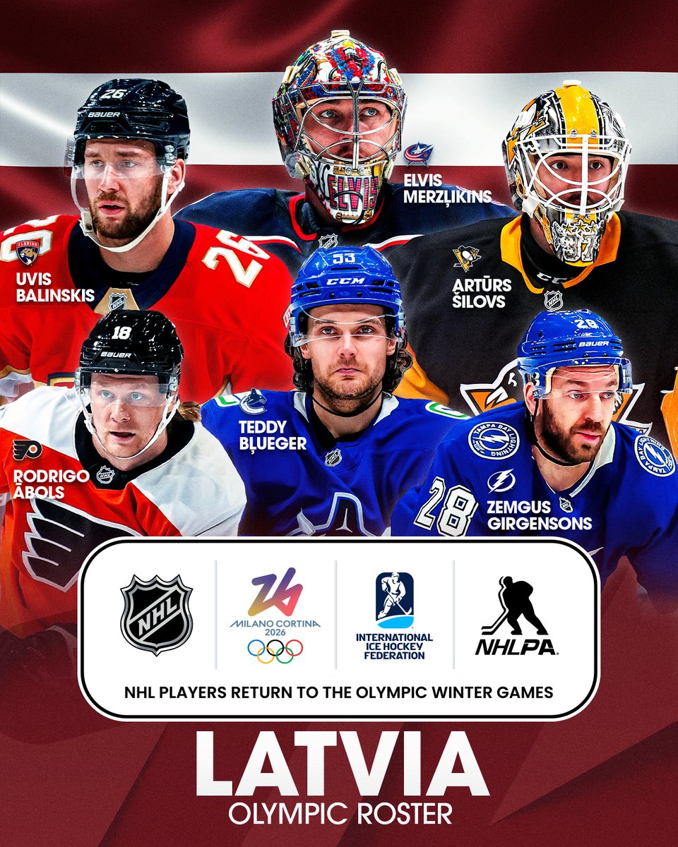 NHL's tweet image. The roster for Latvia at the #MilanoCortina2026 #WinterOlympics is here! 🇱🇻