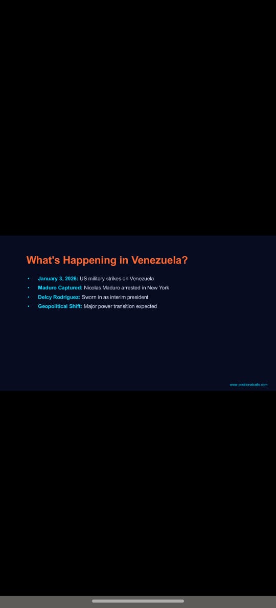 CallsPositional's tweet photo. "🚨 VENEZUELA CRISIS DECODED 🚨 Maduro captured on Jan 3 → What does this mean for YOUR portfolio? 📊 Full breakdown 👇
#StockMarket #Venezuela #POSITIONALCALLS #TRENDING #UnitedinTriumph #TirupatiBetrayedByTDP #Brevis #NiftyBank #conformitygate https://t.co/KsGXhBdhYY