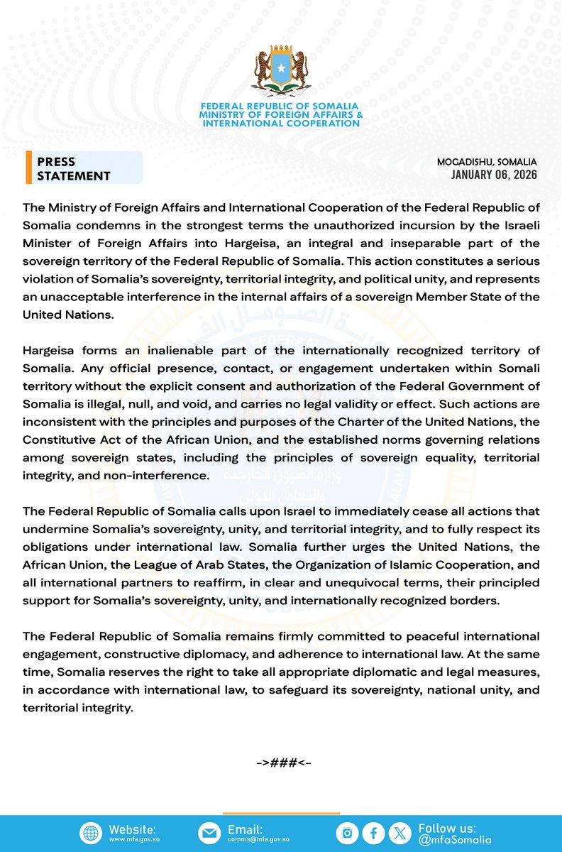 MOFASomalia's tweet photo. The Federal Republic of #Somalia condemns in the strongest terms the unauthorized incursion by the #Israeli Minister of Foreign Affairs into #Hargeisa, an integral and inseparable part of the sovereign territory of the Federal Republic of Somalia. 
https://t.co/JD6m2zIIBy https://t.co/gL1FQFQIZH