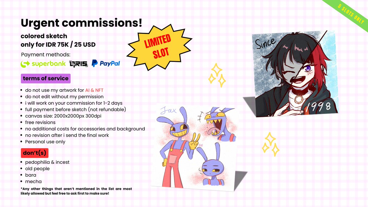 [OPEN URGENT COMMISSION]

📢5 SLOTS ONLY📢
📢ONLY FOR IDR 75K/25 USD FLAT📢

I need money for groceries and emergency savings bcs my family is having a financial crisis and i live away from them.

#urgentcommission #opencommission #commission #commissionopen