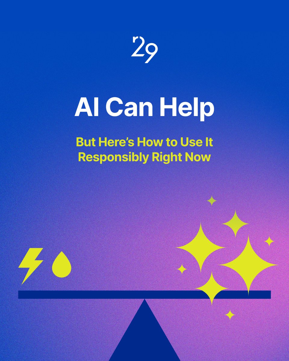 rule29's tweet image. AI can save time.
It also costs energy and resources.
As a former B Corp and now an ON Purpose company, we’re leaning into Brand-Native AI and more responsible ways to use it.

What we’re learning: rule29.com/stories/ai-can…

#BrandNativeAI #ResponsibleAI