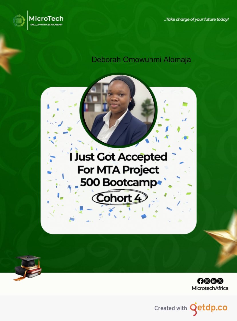 Big News✨🎉

I’m excited to announce that I’ve been selected for the MTA bootcamp Cohort 4

This is a commitment towards sharpening &amp; mastering my data analytics skills

Big shoutouts to <a href="/MicrotechAfrica/">MicroTech Africa</a> &amp; <a href="/Tech_babby/">Tech_baby</a> for this!

#MicroTechAfrica #Project500 #Cohort4MTA #Tech4U