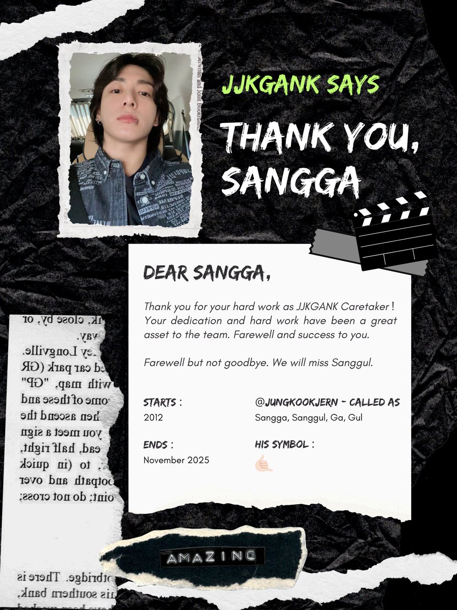 ㅤ

📰 JJKGANK NEWS

We would like to inform you that our beloved team, Sangga (@jungkookjern), will be stepping down from his role as a JJKGANK Caretaker. We extend our heartfelt appreciation and thank you for your commitment to JJKGANK. 🙏🏻

ㅤ