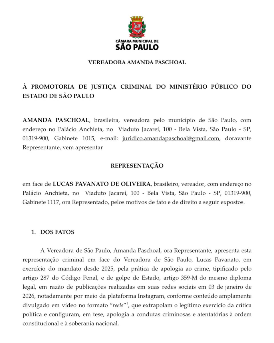 AmandaaPaschoal's tweet image. 🚨 URGENTE: Denunciei Lucas Pavanato por atentado à soberania nacional!

Em vídeos publicados nesta última semana, o vereador bolsonarista defende, de forma explícita e simbólica, a atuação de autoridades estrangeiras sobre o Brasil e a prisão do Presidente Lula por forças…