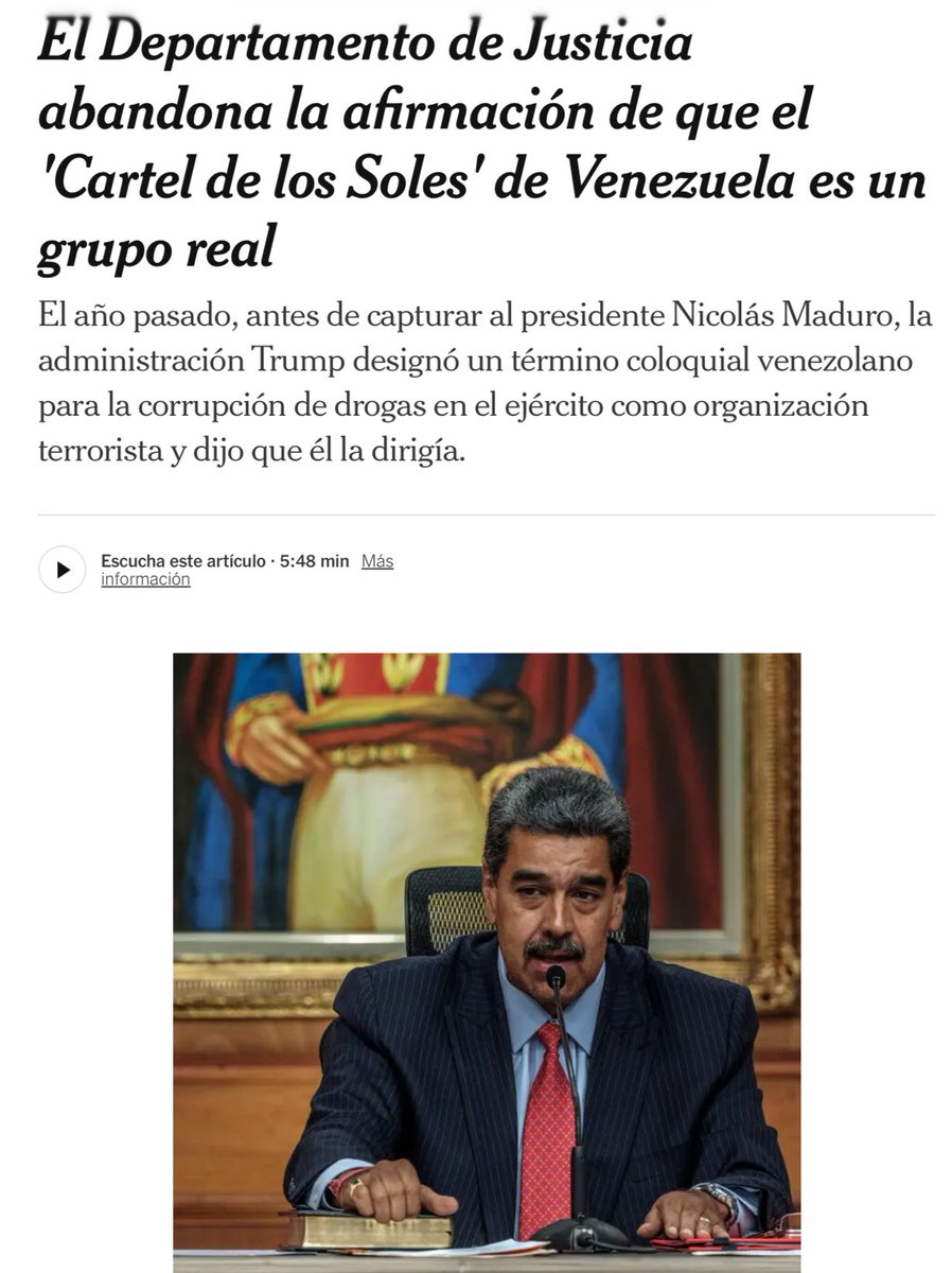 JuanfranTorres's tweet photo. El Departamento de Justicia eliminó rápidamente la tesis de la existencia del llamado “Cartel de los Soles”, una narrativa comunicacional construida con el objetivo de vilipendiar y criminalizar a dirigentes venezolanos, incluido el Presidente Nicolás Maduro, por no haberse subordinado jamás a los intereses geopolíticos de los Estados Unidos.

Esta acusación fue desechada al carecer de sustento jurídico real, especialmente ante la inminente acción del abogado defensor del Presidente, Barry Pollack, quien se disponía a solicitar la nulidad total del proceso judicial por graves vicios de origen, falta de pruebas y motivación política evidente. Frente a ese escenario, el Departamento de Justicia optó por abandonar la tesis acusatoria para evitar un revés legal de grandes proporciones.

Pese a ello, el Departamento de Justicia intenta sostener ahora el argumento de que el Presidente Nicolás Maduro no estaría protegido por la inmunidad internacional propia de un Jefe de Estado. Sin embargo, esta posición resulta abiertamente contradictoria, ya que el propio Donald Trump, al anunciar públicamente su captura, lo reconoce el como Presidente de la República Bolivariana de Venezuela.

Sin lugar a dudas, estos elementos serán utilizados como argumentos centrales por la defensa legal del Presidente Nicolás Maduro para reafirmar la vigencia de la inmunidad internacional que ampara a todo Jefe de Estado en ejercicio, dejando en evidencia la inconsistencia jurídica y política de la persecución en su contra.