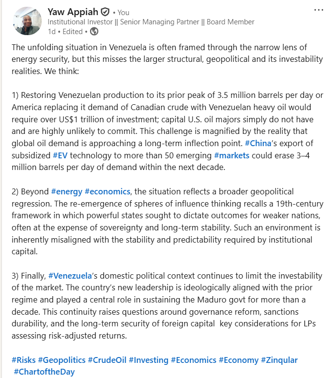 ymappiah's tweet photo. Thoughts of situation in #Venezuela:
1) Restoring Venezuelan production to prior peak 3.5 million barrels / day would require over US$1 trillion #investment; capital US #oil majors simply do not have &amp; are highly unlikely to commit. 
#Risks #Geopolitics #Investing #Economics https://t.co/TrhpJjRW7y