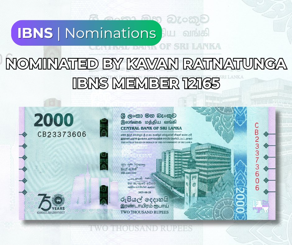 theibns's tweet photo. 🇱🇰 Banknote of the Year Nominee: 2000 Rupees!

​The numismatic world welcomes a new contender! To mark its 75th anniversary, the Central Bank of Sri Lanka has issued a striking comm. banknote with a face value of 2000 Rupees.

​Nominated by IBNS Member: Kavan Ratnatunga M-12165 https://t.co/jshyLakAT9