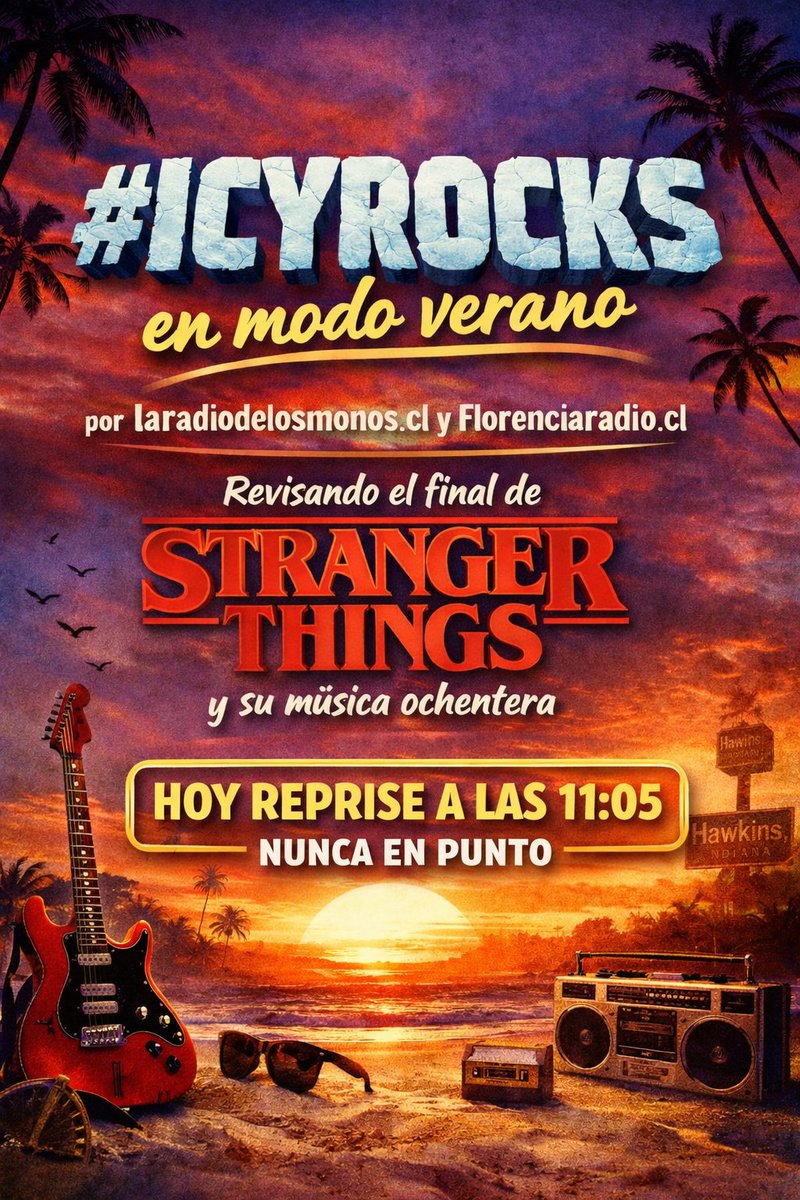 REPRISE HOY AM 
🔥🎸 #ICYROCKS en modo verano
Revisamos el final de #StrangerThings y su música ochentera.
🕤 11:00 hrs. (nunca en punto, menos en verano)
📻 laradiodelosmonos.cl

<a href="/telodamus/">Teniente Telodamus</a> <a href="/MonosCl/">La Radio de Los Monos</a> <a href="/omaticaya52/">Carlos Ojeda</a>