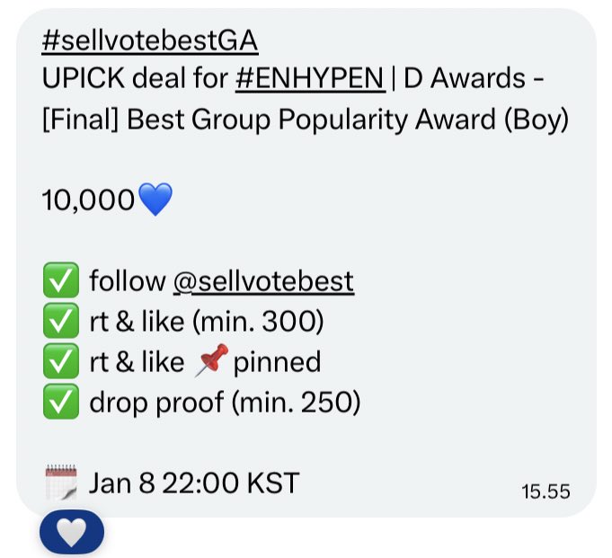 SEVENGERZ's tweet image. #sellvotebestGA
UPICK deal for #ENHYPEN | D Awards - [Final] Best Group Popularity Award (Boy)

10,000💙

✅ follow @sellvotebest  
✅ rt &amp;amp; like (min. 300)
✅ rt &amp;amp; like 📌pinned
✅ drop proof (min. 250)

🗓️ Jan 8 22:00 KST