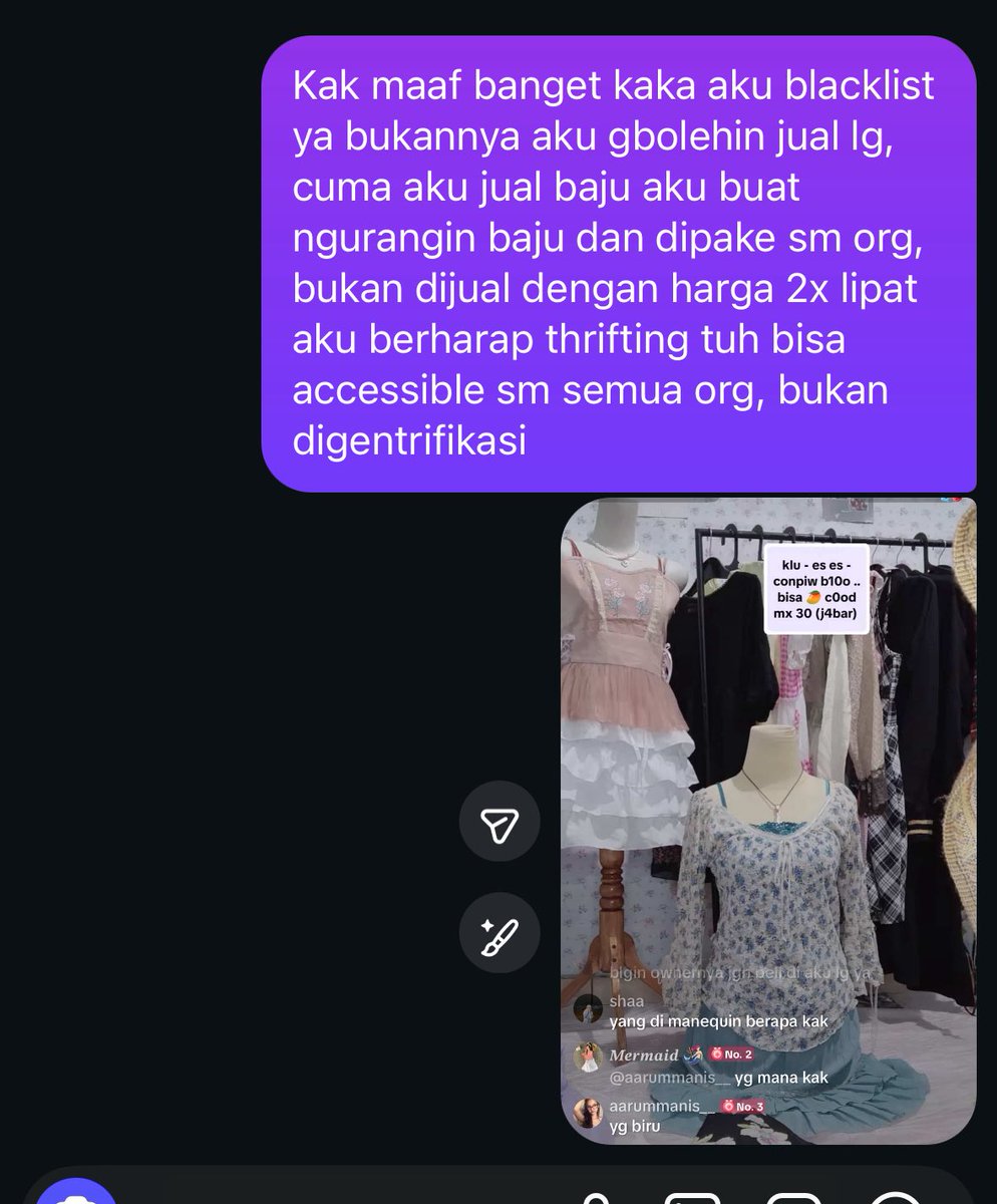 aarummanis's tweet image. niatnya jual thrift prelove aku di live harga murah si biar thrifting accessible eh malah dijual lagi dgn harga 2x lipat