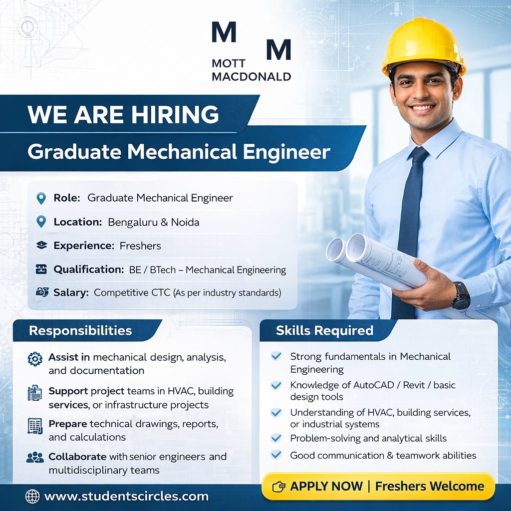 karthikpattadi's tweet photo. 🏢 Company: Mott MacDonald

🧾 Job Role: Graduate Mechanical Engineer
📍 Location: Bengaluru, Noida

🔗 Apply Now: https://t.co/0dmR0n5gJv

👉 Get Placement : https://t.co/k2zfuD0JPs 

#Hiring #GraduateEngineer #MechanicalEngineeringJobs #FreshersHiring
#BEMechanical https://t.co/5v204OK2Ju