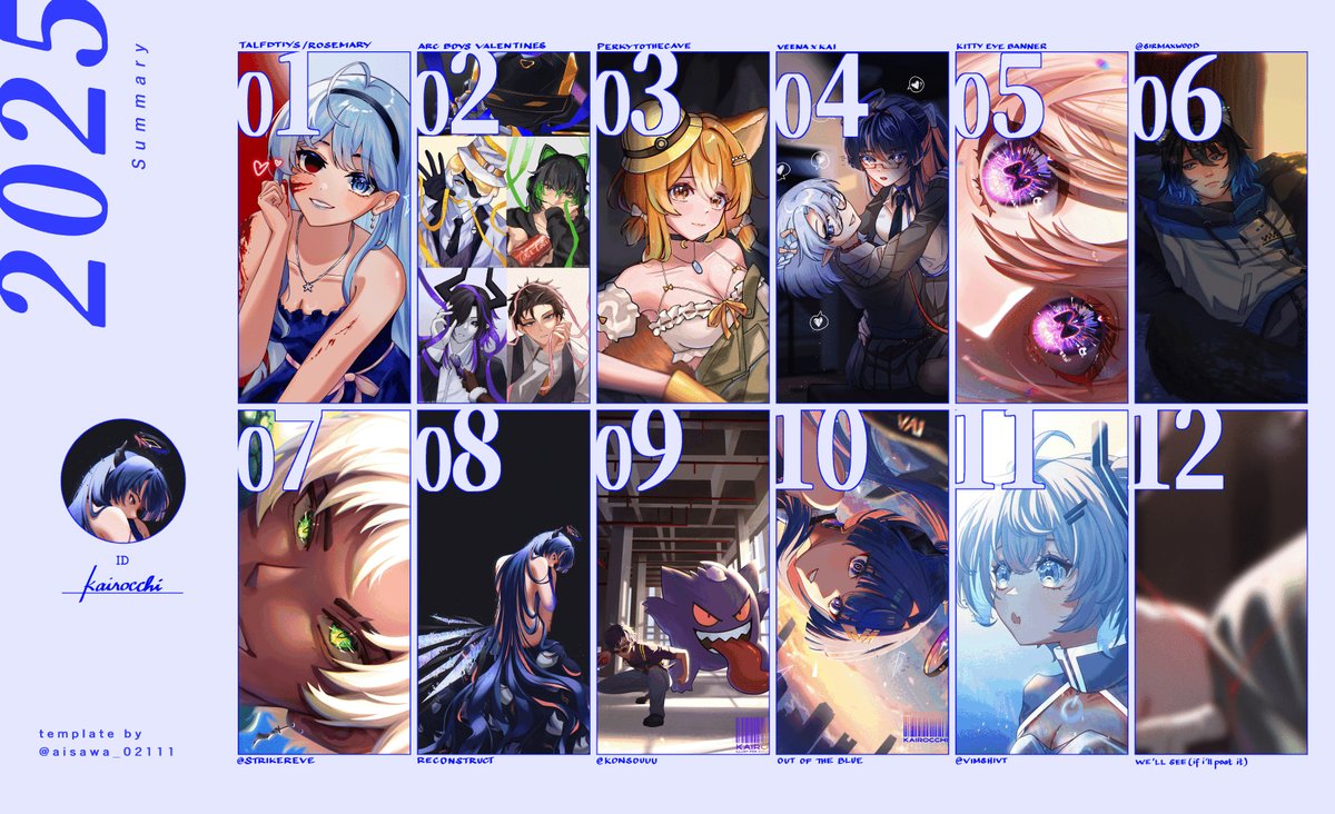 『 ART SUMMARY 2025 』

I drew a lot of art last year, a mix of personal / work / contests but there's only so much I can show. Thank you so much for the love and support!

The noteworthy things I learned: to let loose and be more confident with my process.

tmpl by #aisawa_02111