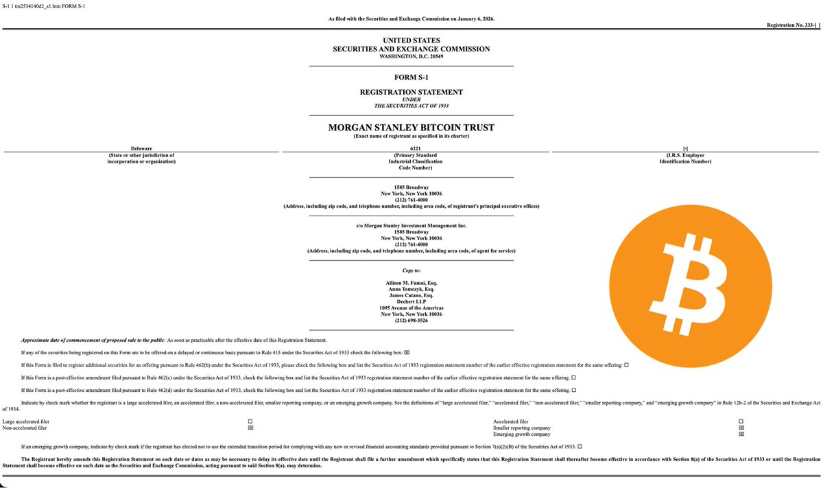 Morgan Stanley, con USD 1,6 billones en activos, presentó un registro S-1  ante la SEC para lanzar un fideicomiso de #Bitcoin. El movimiento refuerza  la adopción institucional y la integración de Bitcoin