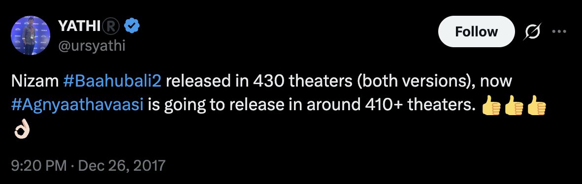 be_like_gump's tweet image. #Agnyaathavaasi got #ATR release in Nizam crossing #BB2 Telugu version 400