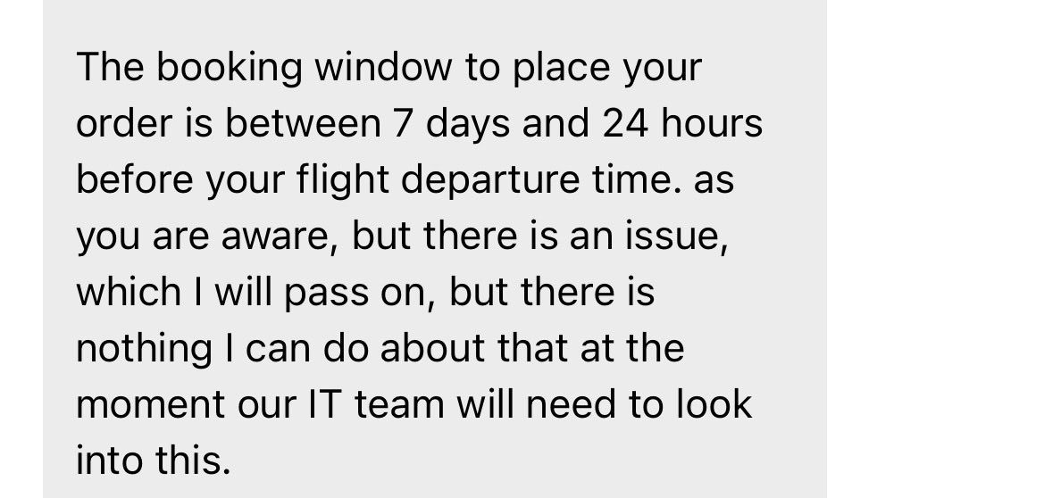 JemmaG6's tweet photo. @VirginAtlantic so I am told that I have missed the window to pre-order meals (which I haven’t as is it is open 7 days to 24 hours before my flight) after much debate I am then told it’s an IT issue 
This is not good enough https://t.co/enY1yIVdFJ