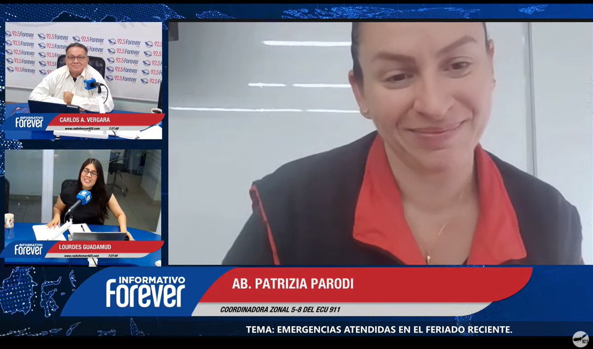 ecu911sambo's tweet photo. Patrizia Parodi, Coordinadora Zonal 5-8 del #ECU911, participó en una entrevista con @925forever para informar sobre las emergencias atendidas durante el feriado de fin de año.

Indicó que un gran porcentaje de las emergencias gestionadas por la institución, corresponde a libadores 60%, por lo que recordó la importancia de la corresponsabilidad ciudadana en la prevención de seguridad.

Puede seguir la entrevista en: ⤵️ https://t.co/VP2u7hwRnV

#ECU911BrindaSeguridadIntegral