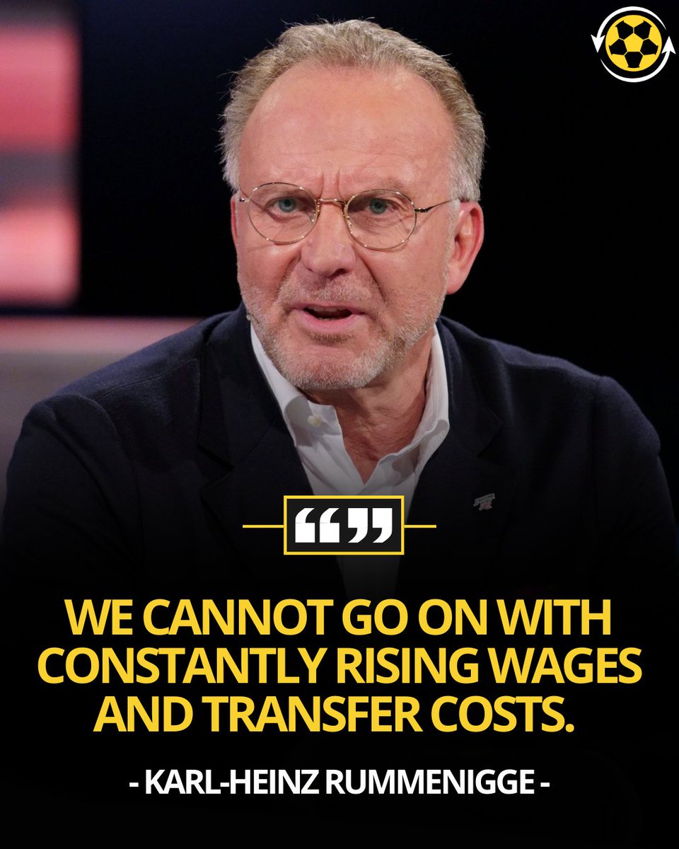 🇩🇪🗣️ Bayern Munich board member Karl-Heinz Rummenigge: 

"We cannot go on with constantly rising wages and transfer costs. This is not a serious way of working. In England, clubs are now owned by billionaires or even states, such as Saudi Arabia and Qatar. That forces you to