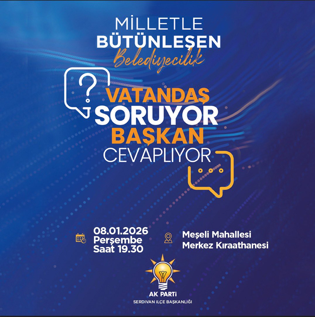 İlçe Başkanımız ve Belediye Başkanımızın katılımıyla
Vatandaş Soruyor, Başkan Cevaplıyor programımızda hemşehrilerimizle bir araya geliyoruz.

📅 08 Ocak 2026 Perşembe
🕢 Saat: 19.30
📍 Meşeli Mahallesi Merkez Kıraathanesi

Tüm hemşehrilerimiz davetlidir.