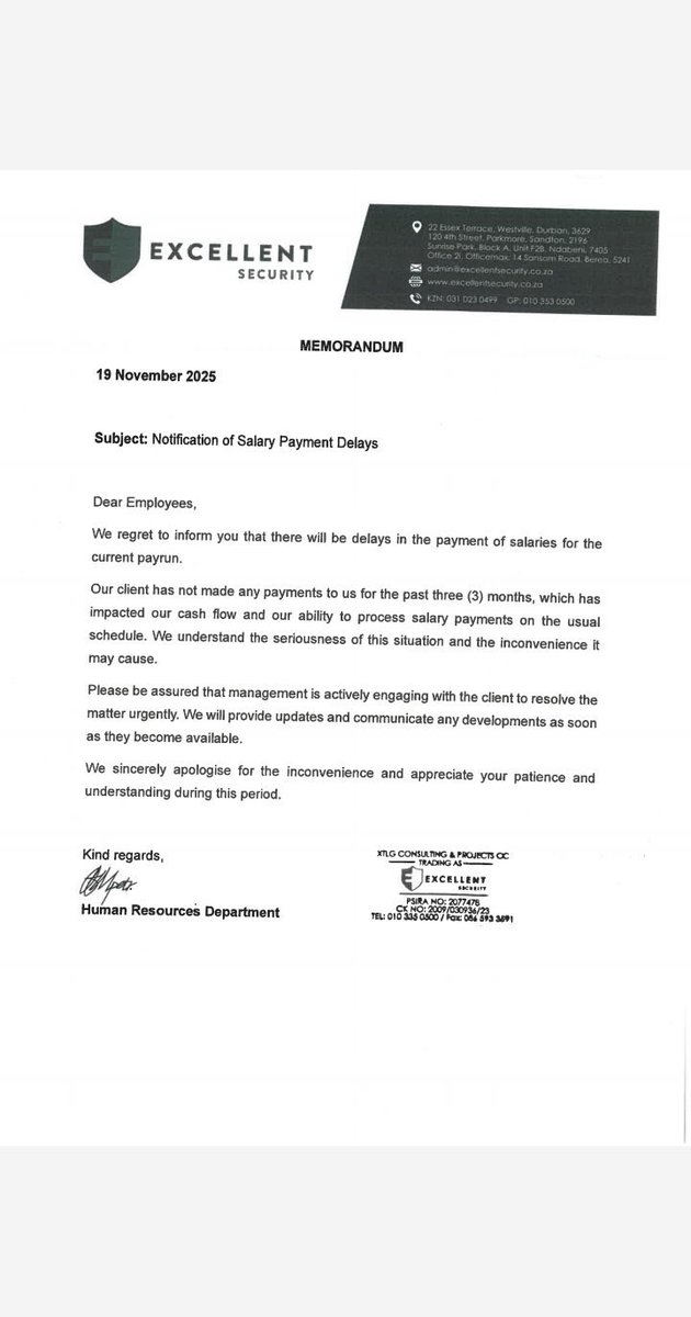ZizinjaAbelungu's tweet image. Xolani George the Founder of Excellent Security has not paid Salaries of his Security guard employees since Last year 2025, November and December.

These families struggled during the festive season, this January they still have to buy Stationaries and Pay school fees, Salaries…