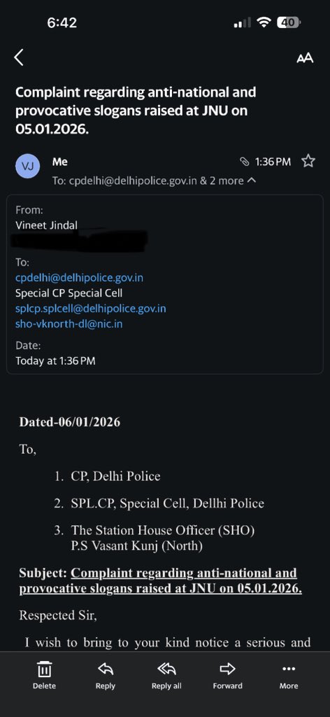 My complaint was officially sent at 1:36 PM today to CP Delhi <a href="/CPDelhi/">CP Delhi #DilKiPolice</a> <a href="/DelhiPolice/">Delhi Police</a> , special Cell, Delhi Police <a href="/CellDelhi/">Special Cell, Delhi Police</a> and the SHO, Vasant Kunj (email attached).

I am shocked to see some news reports quoting Delhi Police officials claiming no complaint was received. This is